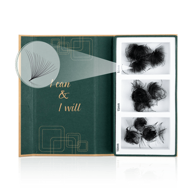 Open box of 16D promade loose eyelash extensions in eco-friendly packaging, featuring soft, fluffy fans crafted from premium Korean PBT. The lashes emphasize high quality, a lightweight design, and commitment to sustainability.