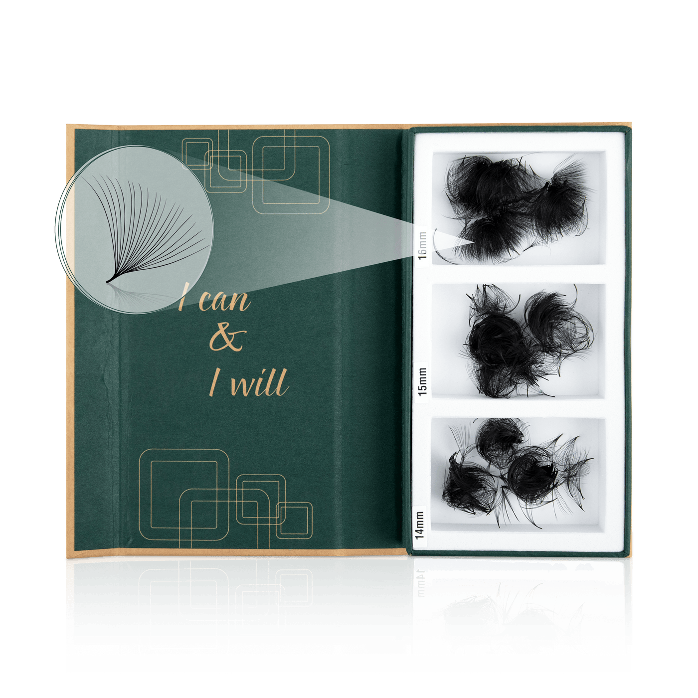 Open box of 20D promade loose eyelash extensions in eco-friendly packaging, featuring soft, fluffy fans crafted from premium Korean PBT. The lashes emphasize high quality, a lightweight design, and commitment to sustainability.