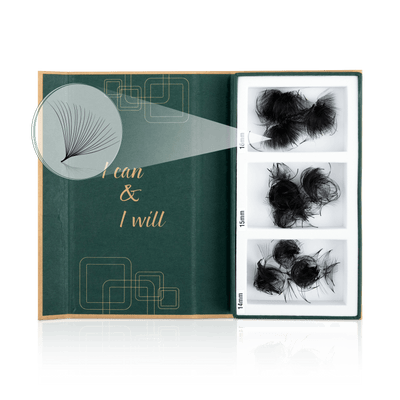 Open box of 20D promade loose eyelash extensions in eco-friendly packaging, featuring soft, fluffy fans crafted from premium Korean PBT. The lashes emphasize high quality, a lightweight design, and commitment to sustainability.