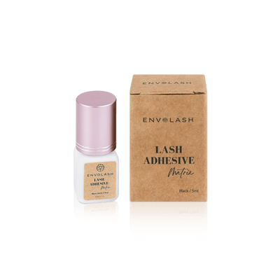 The image shows a 5ml bottle of Envolash Matrix Eyelash Extension Adhesive, designed for all lash artists with under 1-second drying time and 6-7 weeks retention