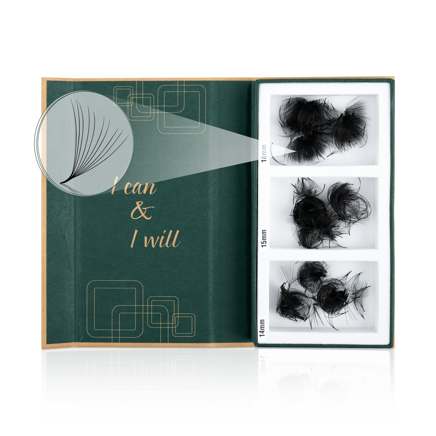 Open box displaying 10D promade mix loose lash extensions in eco-friendly packaging, showcasing soft, fluffy fans made from high-quality Korean PBT. The lashes highlight their premium quality, lightweight design, and sustainable packaging