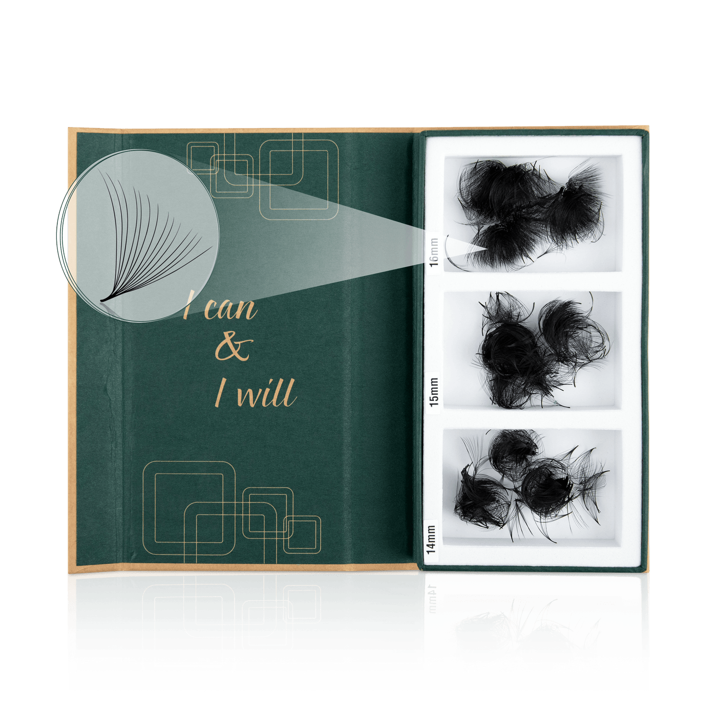 Open box displaying 10D promade loose lash extensions in eco-friendly packaging, showcasing soft, fluffy fans made from high-quality Korean PBT. The lashes highlight their premium quality, lightweight design, and sustainable packaging.