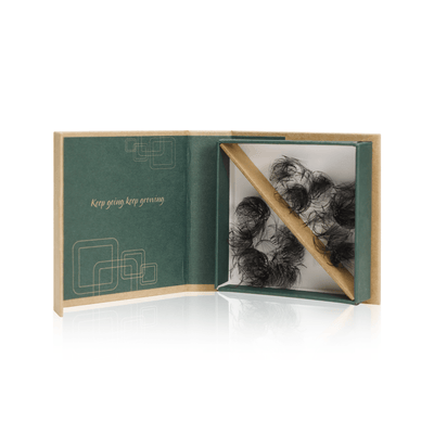Open box of loose lash fans showcasing neatly arranged 4D promade fans with eco-friendly packaging. The lashes are soft, fluffy, and made from high-quality Korean PBT