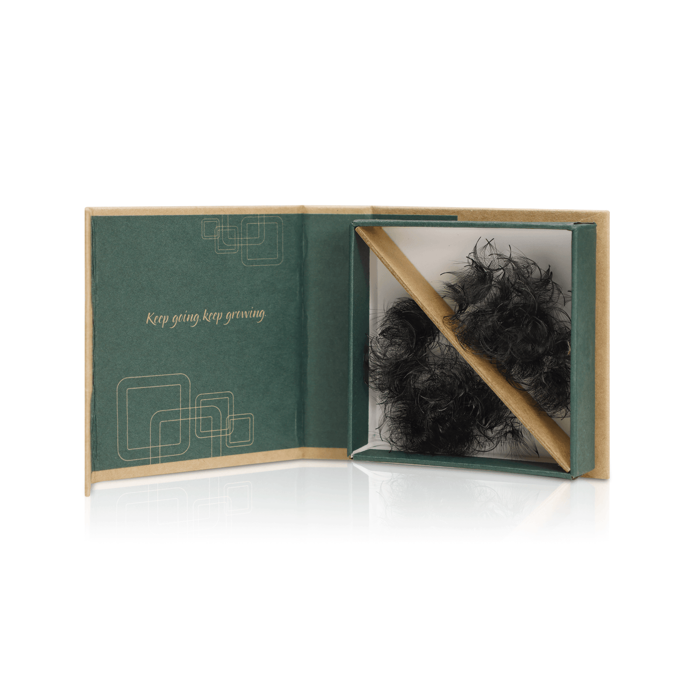Open box displaying 12D promade loose lash extensions in eco-friendly packaging, showcasing soft, fluffy fans made from high-quality Korean PBT. The lashes highlight their premium quality, lightweight design, and sustainable packaging