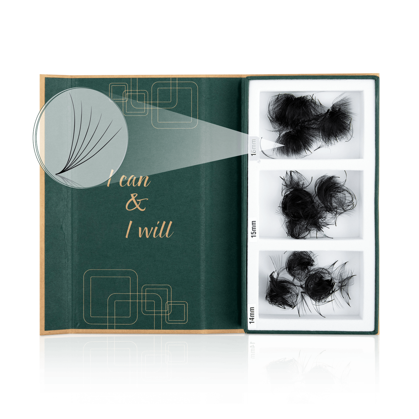 Open box of loose lash fans showcasing the 6D promade fans from Envolash with eco-friendly packaging. The lashes are soft, fluffy, and made from high-quality Korean PBT