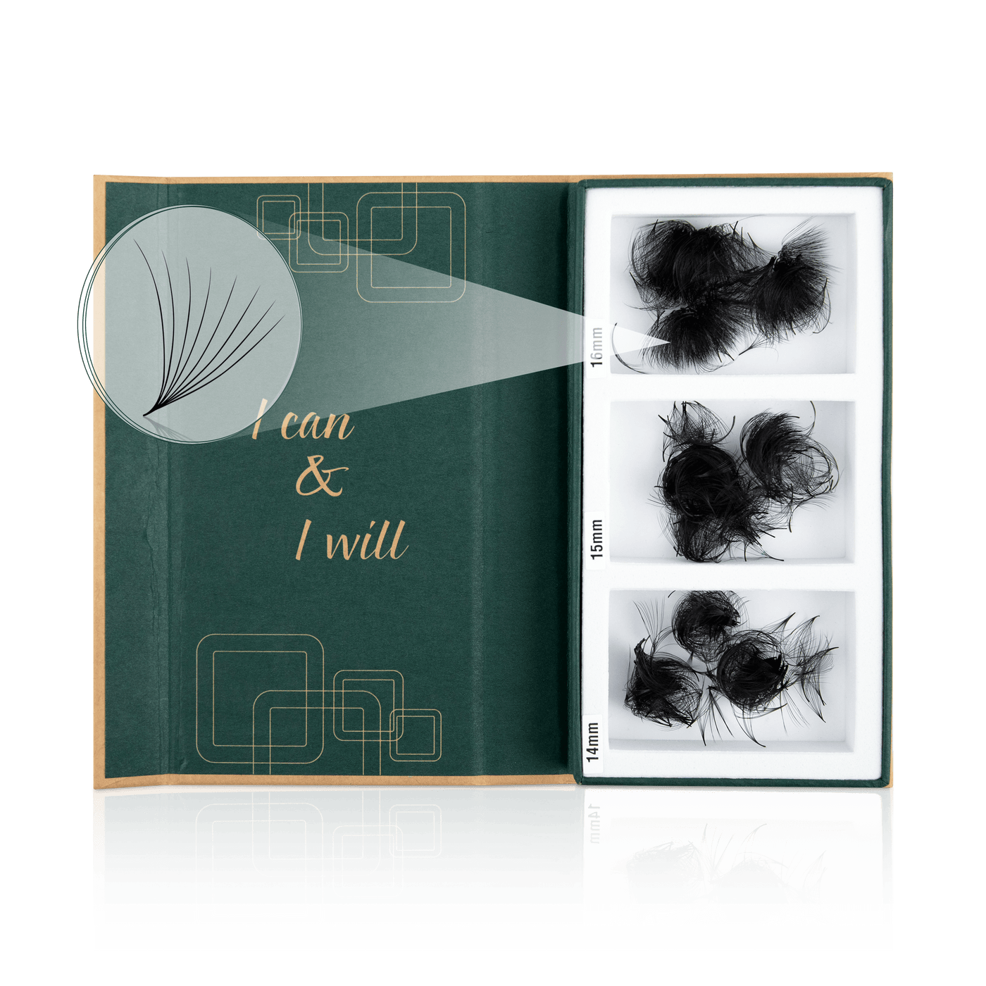 Open box of loose lash fans showcasing the 8D promade fans from Envolash with eco-friendly packaging. The lashes are soft, fluffy, and made from high-quality Korean PBT.