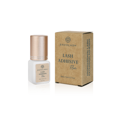 The image shows a 5ml bottle of Flex Lash Adhesive, designed for advanced lash artists with a quick 0.5-1 second cure time and up to 6-7 weeks retention.