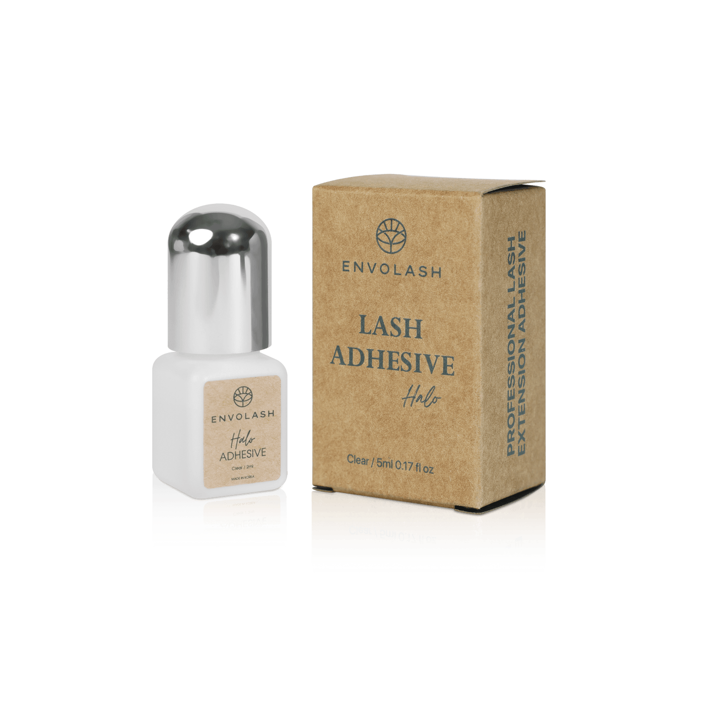 The image shows a 5ml bottle of Halo Lash Extension Adhesive, a clear, fast-curing adhesive designed for classic and volume lash applications. It offers a 0.5-1 second drying time and is ideal for low humidity environments, providing 3-5 weeks of retention and suitable for clients sensitive to Carbon Black.