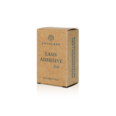 The image shows the packaging of Halo Lash Extension Adhesive, crafted from recycled cardboard to emphasize its eco-friendly approach.